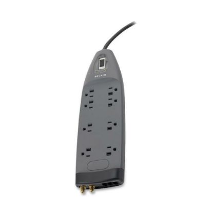 Picture of Belkin 8 Outlet Surge Protector with 6ft Power Cord for Home, Office, Travel, Computer Desktop - Black - 3550 Joules - Gray - Right Angle - 8 x AC Power - 1875 VA - 3390 J - 125 V AC Input - Cable Modem/DSL/Fax/Phone, Coaxial Cable Line - 6 ft