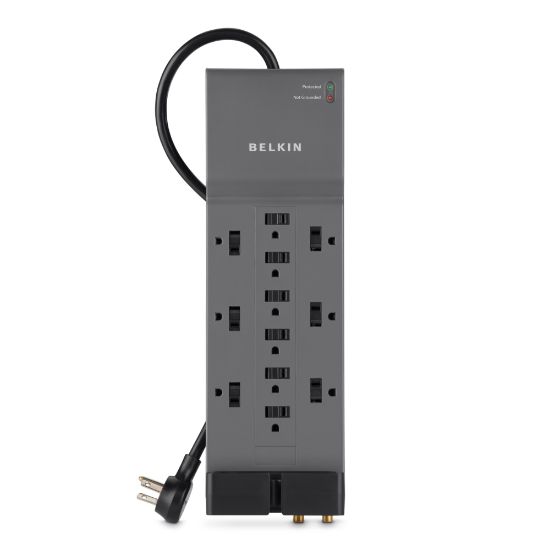 Picture of Belkin Home/Office Series Surge Protector, 12 Outlets, Phone Line And Coaxial Protection, 8ft Cord, 3780 Joules, Black