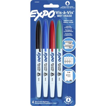 Picture of EXPO Vis-A-Vis Wet-Erase Markers, Fine Point, White Barrels, Assorted Ink Colors, Pack Of 4 Markers