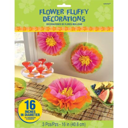 Picture of Amscan Summer Hibiscus Fluffy Flower Decorations, 16in x 16in, Multicolor, 3 Pieces Per Pack, Set Of 2 Packs