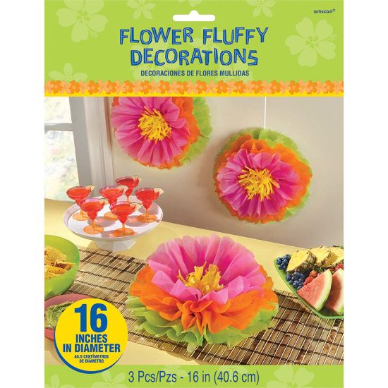 Picture of Amscan Summer Hibiscus Fluffy Flower Decorations, 16in x 16in, Multicolor, 3 Pieces Per Pack, Set Of 2 Packs