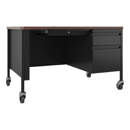 Picture of Lorell Fortress 48inW Steel Right-Pedestal Mobile Teachers Computer Desk, Black/Walnut