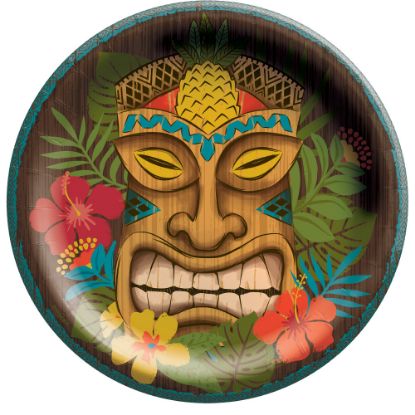 Picture of Amscan Vintage Tiki Round Paper Plates, 8-1/2in, Multicolor, 50 Plates Per Pack, Set Of 2 Packs