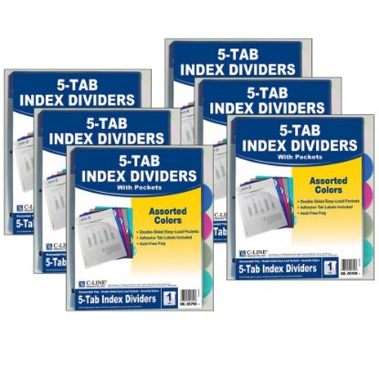 Picture of C-Line 5-Tab Poly Index Dividers With Slant Pocket, 8-1/2in x 11in, Assorted, 5 Dividers Per Pack, Set Of 6 Packs