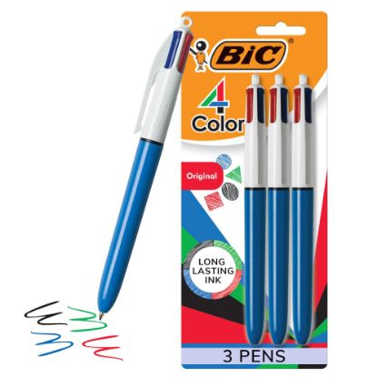 Picture of BIC 4 Color Retractable Ballpoint Pen, Medium Point, 1.0 mm, Blue Barrel, Assorted Ink Colors, Pack Of 3