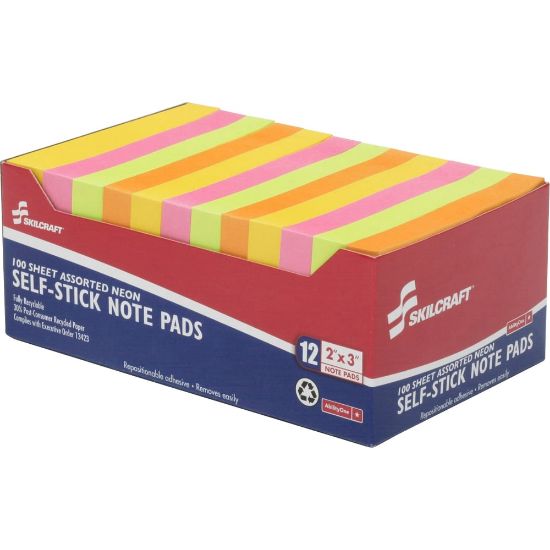 Picture of SKILCRAFT Self-Stick Note Pads, 2in x 3in, Assorted Neon, 100 Sheets Per Pad, Pack Of 12 Pads (AbilityOne 7530-01-393-0103)