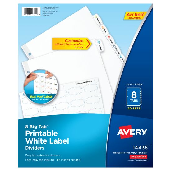 Picture of Avery Big Tab Printable Label Dividers, Easy Peel, 8 Tabs, Pack Of 20 Sets