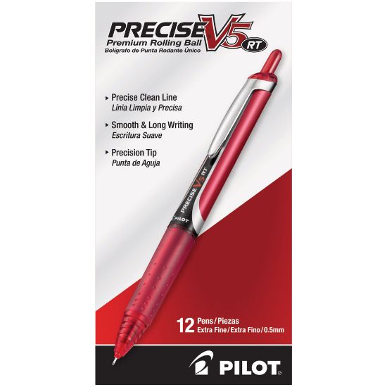 Picture of Pilot Precise V5 Liquid Ink Retractable Rollerball Pens, Extra Fine Point, 0.5 mm, Assorted Barrels, Red Ink, Pack Of 12