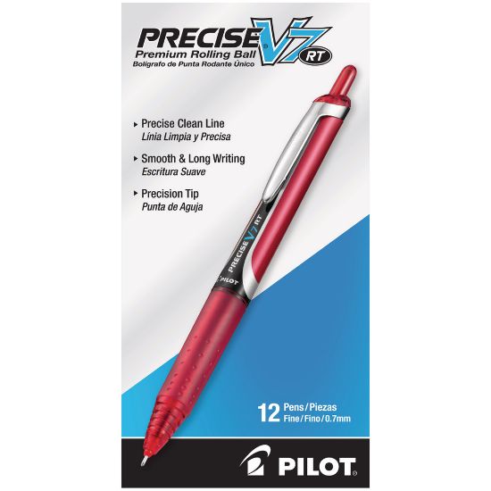 Picture of Pilot Precise V7 Liquid Ink Retractable Rollerball Pens, Fine Point, 0.7 mm, Assorted Barrel Colors, Red Ink, Pack Of 12 Pens