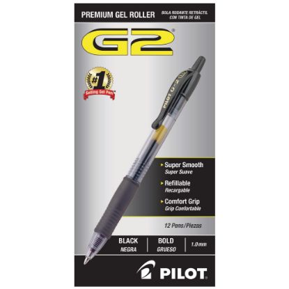 Picture of Pilot G2 Retractable Gel Pens, Bold Point, 1.0 mm, Clear Barrels, Black Ink, Pack Of 12 Pens