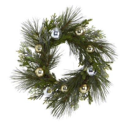 Picture of Nearly Natural 26inH Sparkling Pine Christmas Wreath With Decorative Ornaments, 26in x 5in, Green