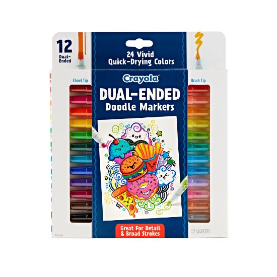 Picture of Crayola Doodle & Draw Dual-Ended Doodle Markers, Brush Tip/Chisel Tip, White Barrel, Assorted Ink Colors, Pack Of 12 Markers