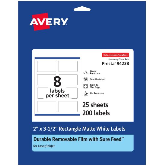 Picture of Avery Durable Removable Labels With Sure Feed, 94238-DRF25, Rectangle, 2in x 3-1/2in, White, Pack Of 200