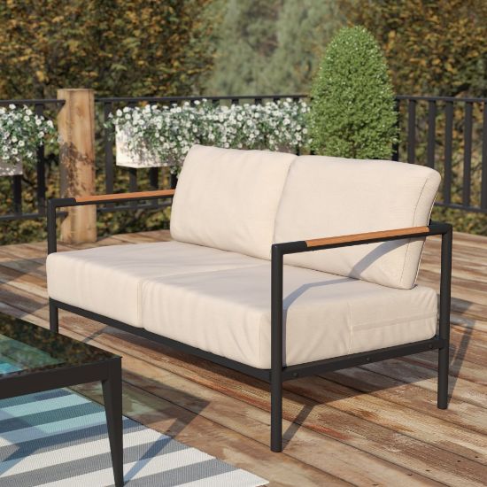 Picture of Flash Furniture Lea Indoor/Outdoor Patio Loveseat With Teak Accent Arms, Beige/Black