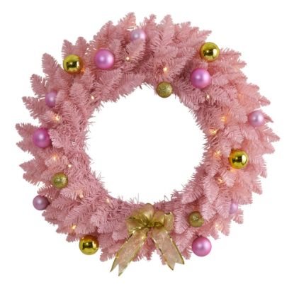 Picture of Nearly Natural 24in Artificial Christmas Wreath With 35 LED Lights And Ornaments, 24in x 4in, Pink