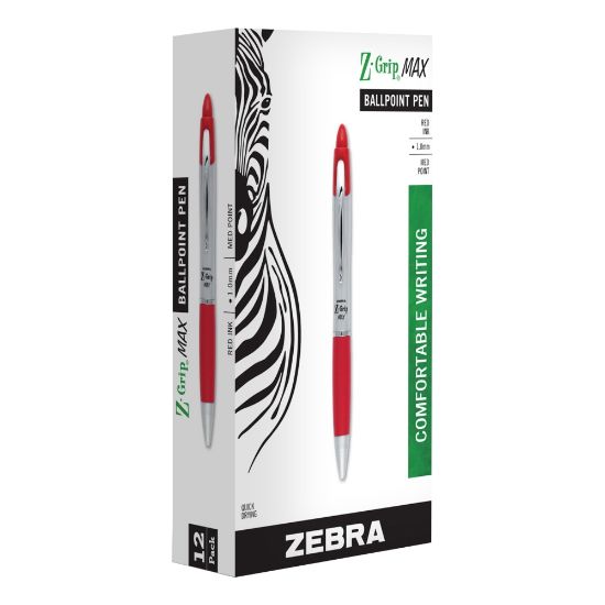 Picture of Zebra Pen Z-Grip Max Retractable Ballpoint Pens, Pack Of 12, Medium Point, 1.0 mm, Gray Barrel, Red Ink