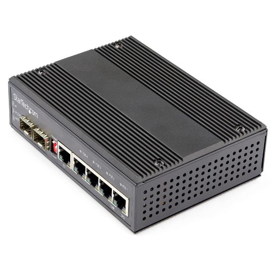 Picture of StarTech.com Industrial 5 Port Gigabit Ethernet Switch w/4 PoE RJ45 +2 SFP Slots 30W 802.3at PoE+ 12-48VDC 10/100/1000 Mbps -40C to 75C - Industrial 5 Port Gigabit Ethernet Switch - Up to 30W per 4 PoE ports