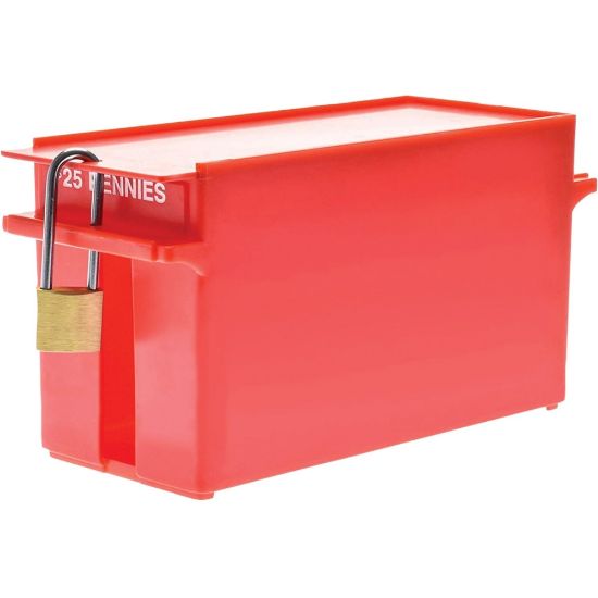 Picture of Nadex Coins AEX1-1016 Large Capacity Rolled Coin Storage Box (Pennies) - External Dimensions: 3.8in Length x 9.6in Width x 4.4in Height - 2500 x Coin - Padlock, Zipper Closure - Stackable - Red - For Coin, Transportation