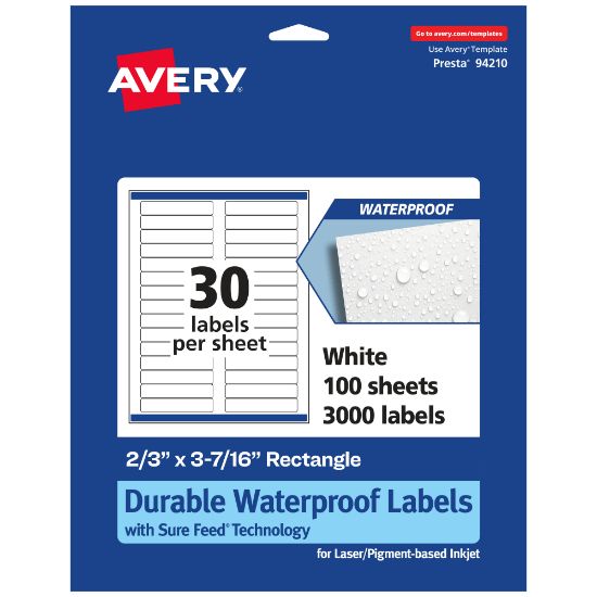 Picture of Avery Waterproof Permanent Labels With Sure Feed, 94210-WMF100, Rectangle, 2/3in x 3-7/16in, White, Pack Of 3,000