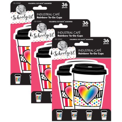 Picture of Carson Dellosa Education Cut-Outs, Schoolgirl Style Industrial Cafe Rainbow To-Go Cups, 36 Cut-Outs Per Pack, Set Of 3 Packs