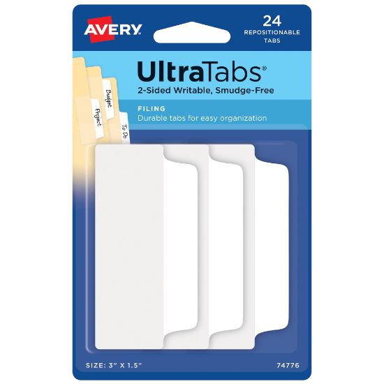 Picture of Avery Filing Ultra Tabs, 3in x 1.5in, 24 Repositionable File Tabs, 2-Side Writable, White