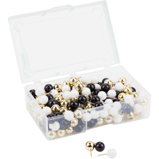 Picture of U Brands Sphere Push Pins, Black, White and Gold, 200-Count (3084U06-24) - 0.44in Shank - 0.38in Head - 0.4in Length x 0.4in Width - 200 / Pack - Assorted - Steel, Plastic, Plastic