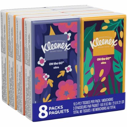 Picture of Kleenex Go Packs Facial Tissues, 3 Ply, White, 8 Pouches Per Pack