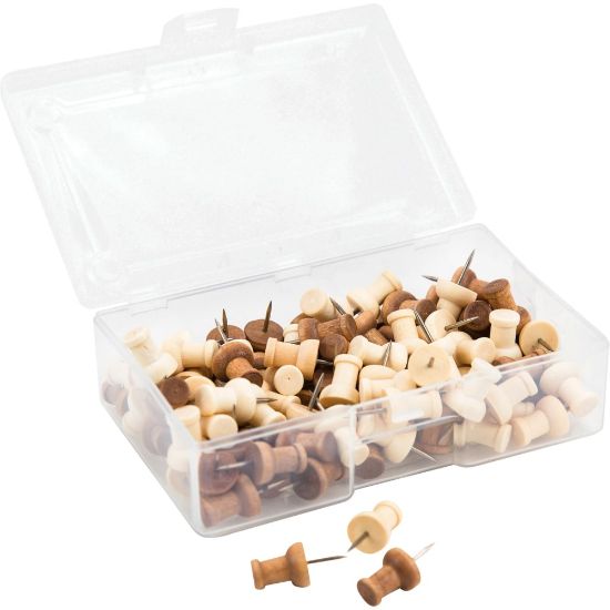 Picture of U Brands Wood Push Pins, Natural and Dark, 100-Count (3085U06-24) - 0.38in Shank - 0.25in Head - 100 / Pack - Natural, Brown - Steel, Wood, Plastic