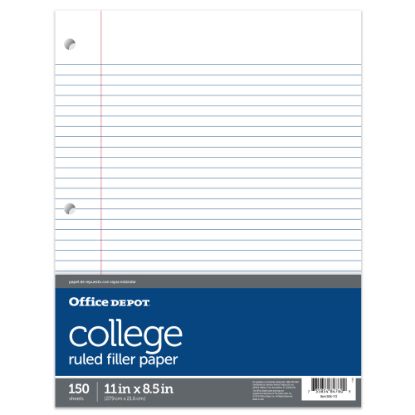 Picture of Office Depot Brand Notebook Filler Paper, College-Ruled, 8 1/2in x 11in, 3-Hole Punched, White, Pack Of 150 Sheets