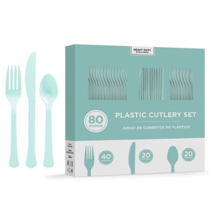 Picture of Amscan 8016 Solid Heavyweight Plastic Cutlery Assortments, Robins Egg Blue, 80 Pieces Per Pack, Set Of 2 Packs