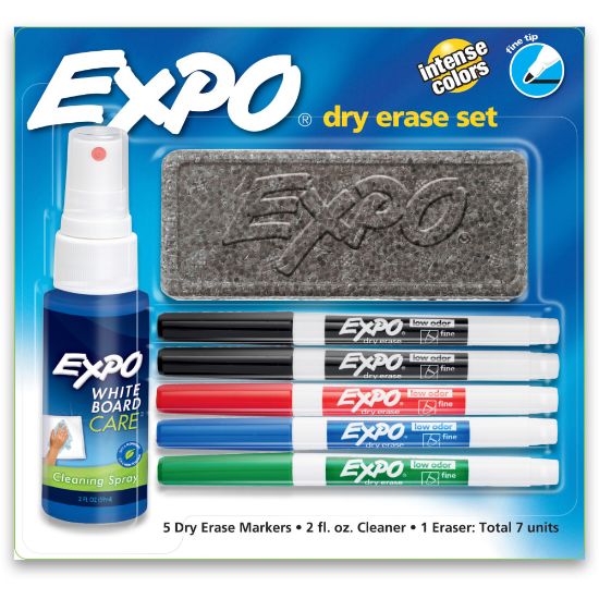 Picture of EXPO2 Low-Odor Dry-Erase Starter Kit, Fine-Point, 5 Markers, Black (2), Red, Blue, Green