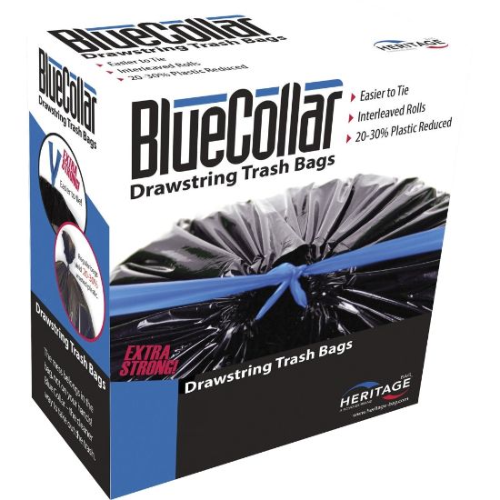 Picture of BlueCollar 30-gallon Drawstring Trash Bags - 30 gal Capacity - 30in Width x 34in Length - 1 mil (25 Micron) Thickness - Drawstring Closure - Black - 6/Carton - 40 Per Box - Garbage