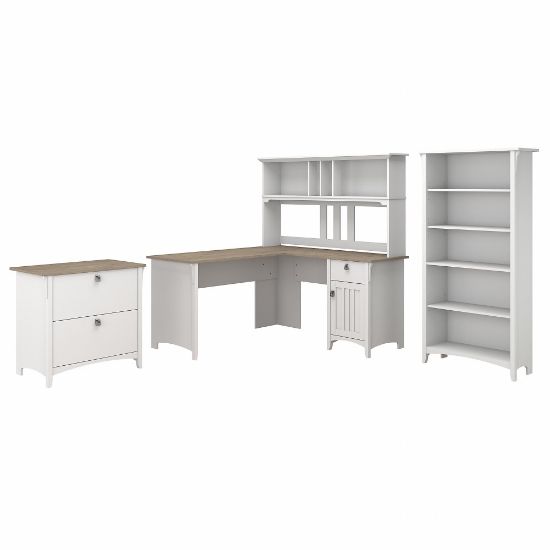 Picture of Bush Furniture Salinas 60inW L Shaped Desk with Hutch, Lateral File Cabinet and 5 Shelf Bookcase, Shiplap Gray/Pure White, Standard Delivery