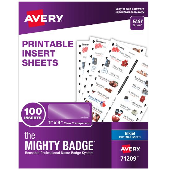 Picture of Avery The Mighty Badge Inserts For Inkjet Printers, 1in x 3in, Clear, Pack Of 100 Inserts