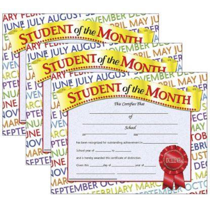 Picture of Hayes Certificates, 8-1/2in x 11in, Student Of The Month, Months, 30 Certificates Per Pack, Set Of 3 Packs