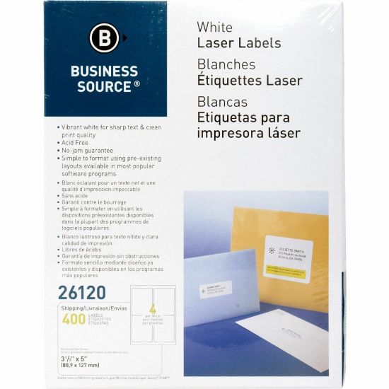 Picture of Business Source Bright White Premium-quality Address Labels - 3 1/2in Width x 5in Length - Permanent Adhesive - Rectangle - Laser, Inkjet - White - 4 / Sheet - 100 Total Sheets - 400 / Pack - Lignin-free, Jam-free