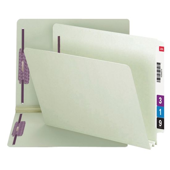 Picture of Smead Pressboard End-Tab Folders With SafeSHIELD Fastener, Straight Cut, 2in Expansion, Letter Size, Gray/Green, Pack Of 25