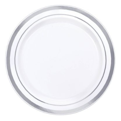 Picture of Amscan Trimmed Premium Plastic Plates, 6-1/4in, White/Silver, Pack Of 40 Plates