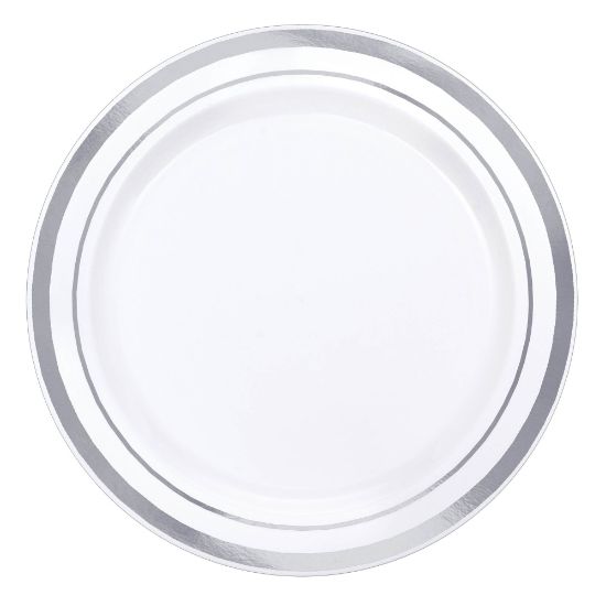 Picture of Amscan Trimmed Premium Plastic Plates, 6-1/4in, White/Silver, Pack Of 40 Plates