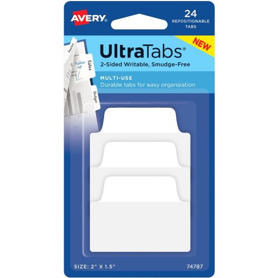 Picture of Avery Ultra Tabs Repositionable Multi-Use Tabs - 24 Tab(s) - 8 Tab(s)/Set - Clear Film, White Paper Tab(s) - 3