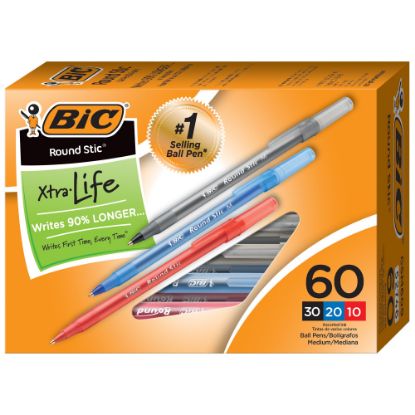 Picture of BIC Round Stic Xtra Life Ballpoint Pens, Medium Point, 1.0 mm, Assorted Colors, Pack Of 60 Pens