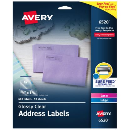 Picture of Avery Glossy Address Labels With Sure Feed Technology, 6520, Rectangle, 2/3in x 1-3/4in, Clear, Pack Of 600