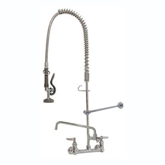 Picture of T&S Brass Wall Mount EasyInstall Spring-Action Pre-Rinse Faucet With 12in Add-On Nozzle, 44in, Stainless