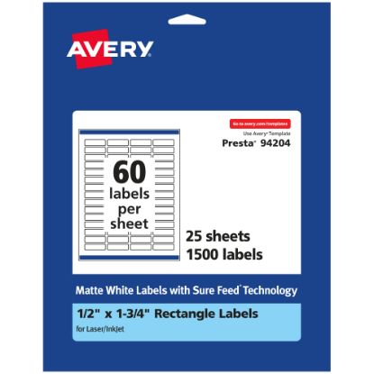 Picture of Avery Permanent Labels With Sure Feed, 94204-WMP25, Rectangle, 1/2in x 1-3/4in, White, Pack Of 1,500