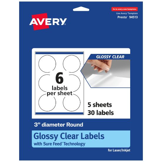 Picture of Avery Glossy Permanent Labels With Sure Feed, 94513-CGF5, Round, 3in Diameter, Clear, Pack Of 30