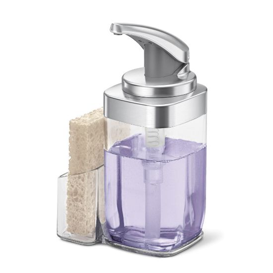 Picture of simplehuman Square Push Soap Pump With Sponge Caddy, 8-3/4inH x 5-1/8inW x 4-5/16inD, Brushed Nickel