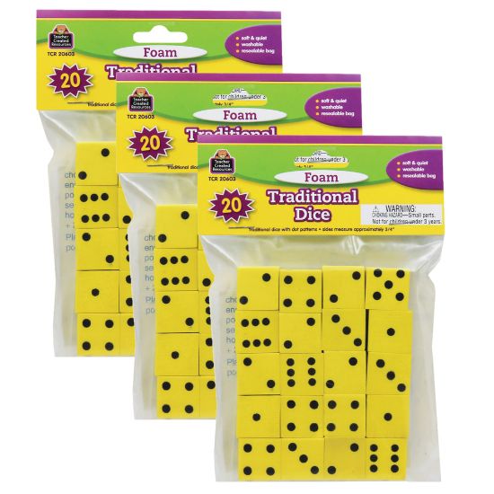 Picture of Teacher Created Resources Foam Traditional Dice, 3/4in, Yellow, Grades K-4, 20 Dice Per Pack, Case Of 3 Packs