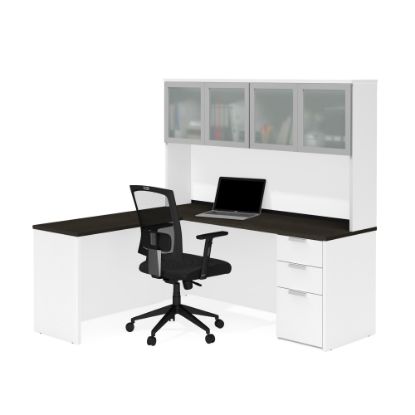 Picture of Bestar Pro-Concept Plus 72inW L-Shaped Corner Desk With Pedestal And Frosted Glass-Door Hutch, White/Deep Gray