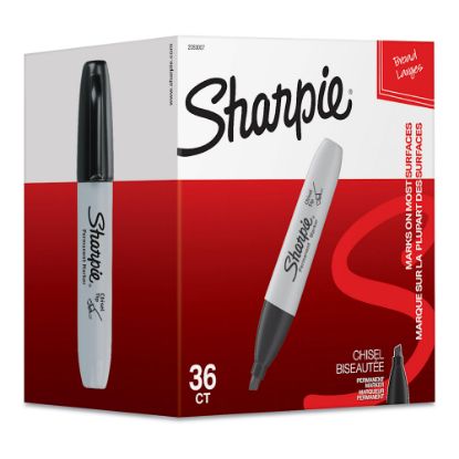 Picture of Sharpie Permanent Markers, Chisel Tip, Gray Barrel, Black Ink, Pack Of 36 Markers