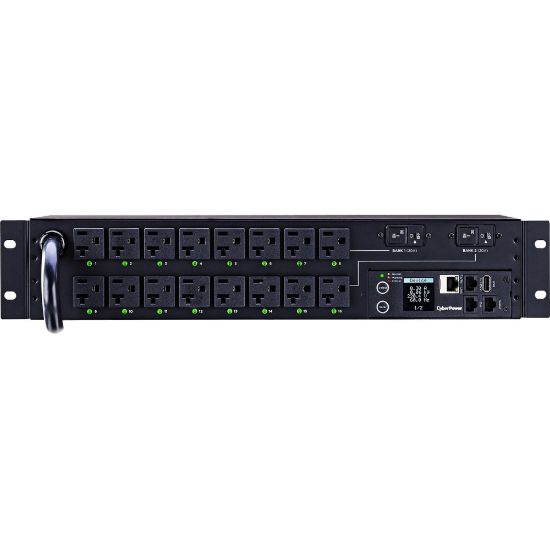 Picture of CyberPower PDU41003 Single Phase 100 - 120 VAC 30A Switched PDU - 16 Outlets, 12 ft, NEMA L5-30P, Horizontal, 2U, SNMP, 3YR Warranty